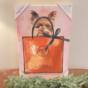 12 x 18 canvas Yorkie in a Hermès shopping bag